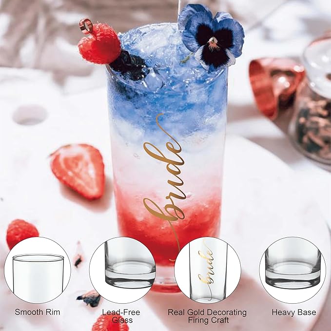 LADY&HOME Bachelorette Party Decorations Highball Glasses,13oz Tall Glass Cups,Bridesmaid Gifts Bridal Shower Gifts Gold Embossed,1 Count(Bride)