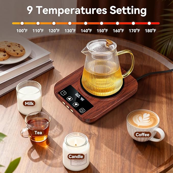 Coffee Mug Warmer & Mug Set for Desk, 36W Electric Coffee Mug Warmer with 16oz Cup, Smart Coffee Heater with 9 Temp Settings & Auto Shut Off, Home Office Desk Accessory, Gifts for Women Men, Wood
