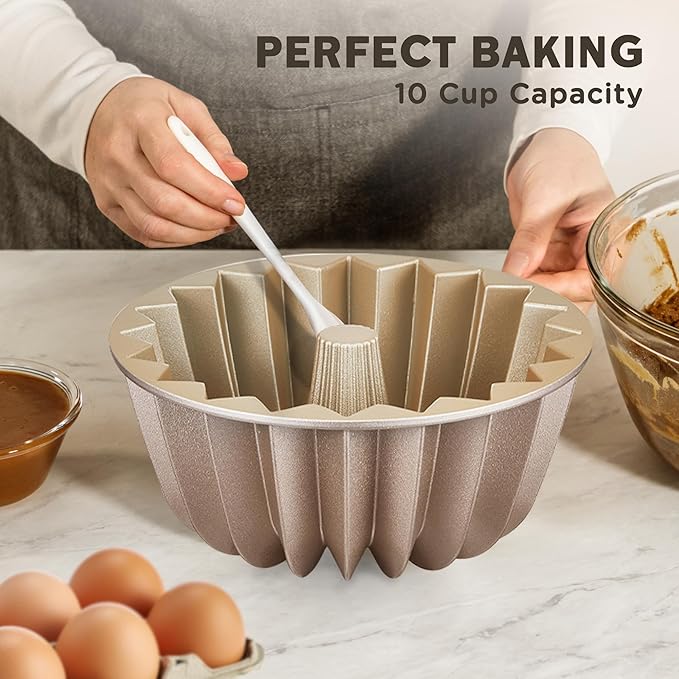 KITESSENSU Non-Stick Cake Pan, 9.5-Inch Aluminum Cake Mold, 10 Cup Fluted Heavy Duty Tube Pan, Durable Rust & Scratch-Resistant, Baking Mold for Jello, Gelatin, Chocoflan, Flan, French Wreath,Gold