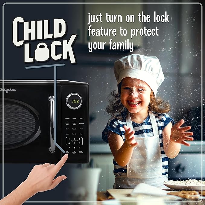 Nostalgia Retro 1000W Microwave Oven 1.1 Cu Ft Capacity – Child Safety Lock, 8 Auto-Cook Settings – Countertop Kitchen Appliance – Black