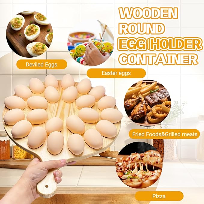 24 Holes Deviled Egg Platter,Wooden Round Deviled Egg Tray,Charcuterie Board Tray Holder Carrier for Kitchen Countertops,Serving Tray,Pizza,Pies,Barbecue,Snacks