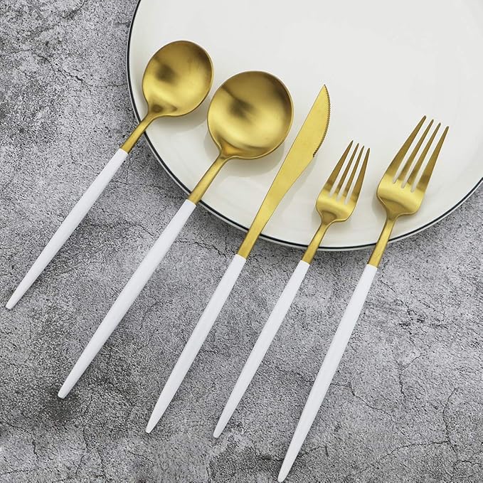 White Handle Matte Gold Silverware Set,Gugrida 5-Piece 18/10 Stainless Steel Satin Finish Flatware Set,Kitchen Utensil Set,Tableware Travel Cutlery Set for Camping Office Lunch, Dishwasher Safe
