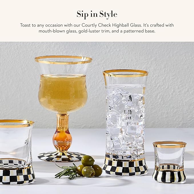 MACKENZIE-CHILDS Highball Glasses, Tall Drinking Glasses with Gold Rims, 15 Ounces, Set of 2, Black-and-White Courtly Check