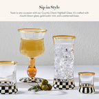 MACKENZIE-CHILDS Highball Glasses, Tall Drinking Glasses with Gold Rims, 15 Ounces, Set of 2, Black-and-White Courtly Check