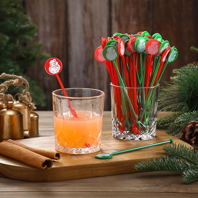 Chengu 100 Pcs Christmas Drink Stirrers Xmas Stir Sticks Bulk Holiday Coffee Stirrers Plastic Swizzle Stick Hot Cocoa Bar Supplies Chocolate Decoration Reusable Cocktail Mixer(Santa Claus)