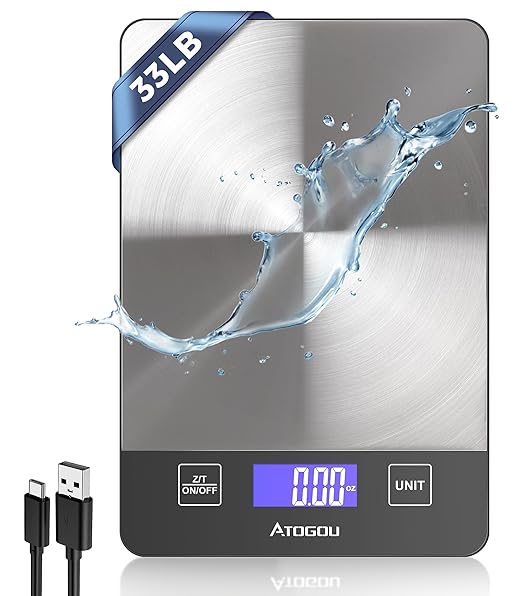 Atogou Food Scale, 33lb Rechargeable Kitchen Scale with Full-View Backlit LCD Display, Waterproof Stainless Steel Surface, Type-C Charging, Grams and Ounces for Baking, Cooking, Food Grey