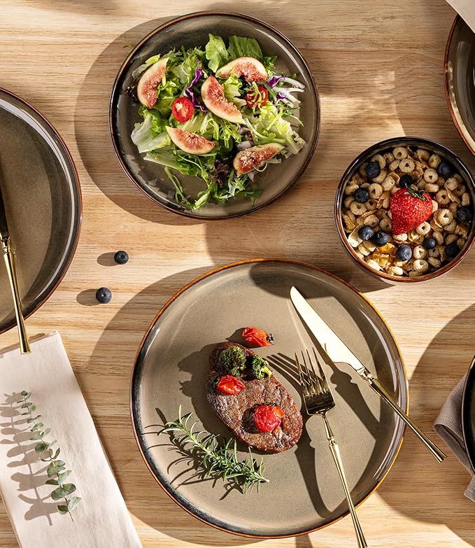 TheTerra Ceramic Dinnerware Sets for 8, 24 Pieces Handmade Reactive Glaze Plates and Bowls Set, Scratch Resistant Dish Set, Oven & Microwave & Dishwasher Safe, Coca Mocha