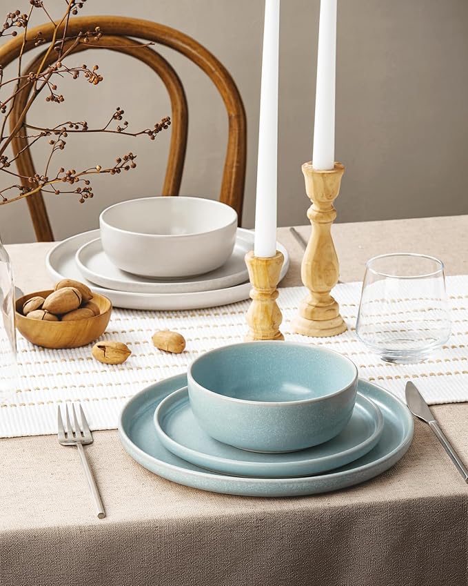 Famiware Milkyway Plates and Bowls Sets, 12 Pieces Dinnerware Sets, Reactive Glaze Dish Set, Stoneware Dishes Set for 4, Matte Beige White & Light Blue