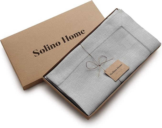 Solino Home Linen Tablecloth 60 x 108 Inch - Classic Hemstitch 100% Pure Linen Soft Grey Table Cloth for Rectangle Tables - Machine Washable Tablecloth for Summer, Fall, Autumn