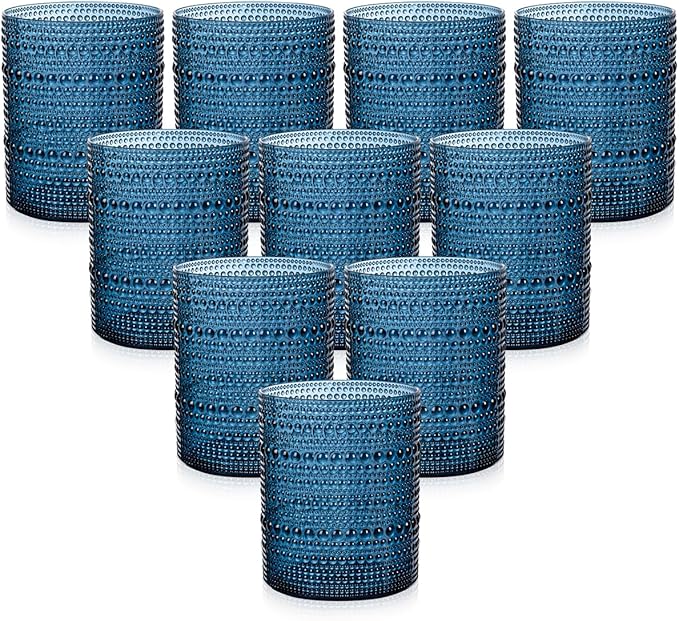 YOUBET 24PCS Plastic Drinking Glasses - 14OZ Blue Hobnail Drinkware Glasses - Vintage Glassware Textured Beaded Cups for Water, Beer, Whiskey, Juice and Various Mixed Drinks