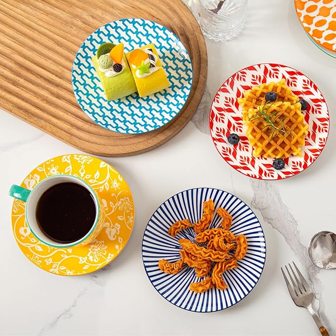 Ceramic Dessert Plates Set - 6 Inch Small Appetizer Plates for Kitchen - Salad Plate for Cake Snacks Side Dish, Microwave Dishwasher Safe, Gift, Assorted Colors