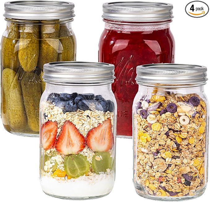 WELLIFE Wide Mouth Mason Jars, 4 Pack Mason Jars 32 oz for Pickling, Canning, Fermenting and Food Storage, Microwave & Dishwasher Safe