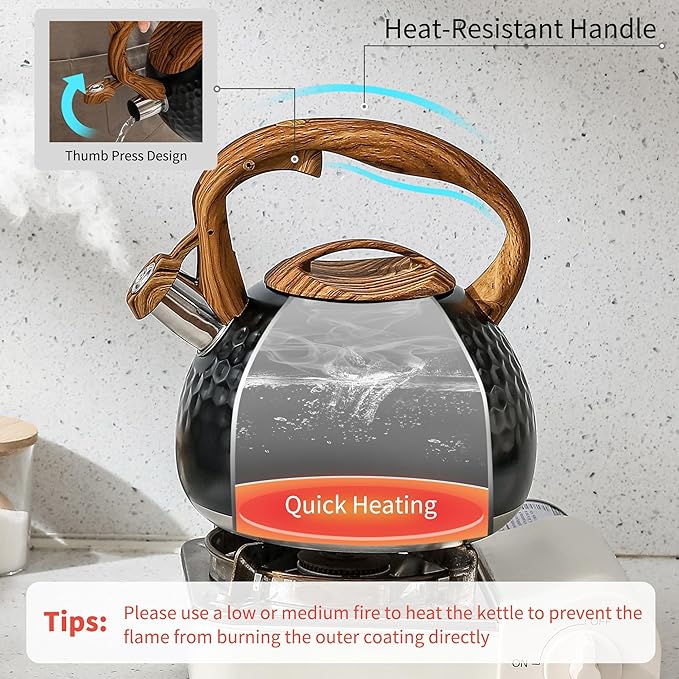 LONFFERY Tea Kettle for Stove Top, 3 Quart Whistling Tea Kettle, with Food Grade Stainless Steel and Wood Pattern Folding Handle, Black