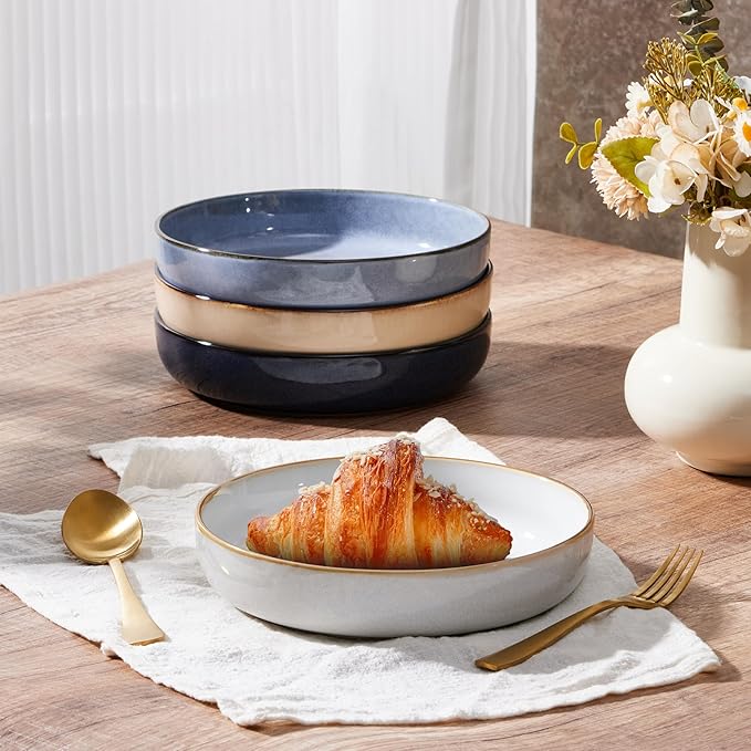 E-far Pasta Bowls Set of 4-35oz Double Reactive Ceramic Large Serving Salad Bowls, Wide & Shallow Stoneware Pasta Plates for Salad, Soup, Dinner| Dishwasher & Microwave Safe | Multicolor