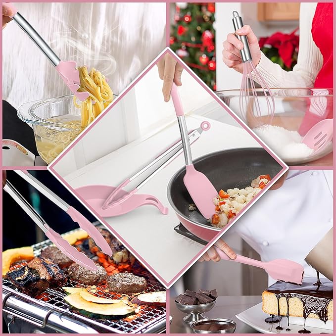E-far Silicone Cooking Utensils Set, 30 Pcs Heat Resistant Kitchen Utensils with Stainless Steel Handle, Heat Resistant Kitchen Spatulas Turner Tong Spoon Whisk Ladle for Nonstick Cookware, Pink