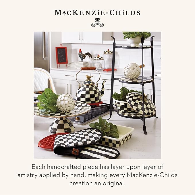 MACKENZIE-CHILDS Enamel Tea Kettle, Cute Kitchen Kettle for Stovetop, 3-Quart Capacity, Black-and-White Courtly Check with Bird Topper