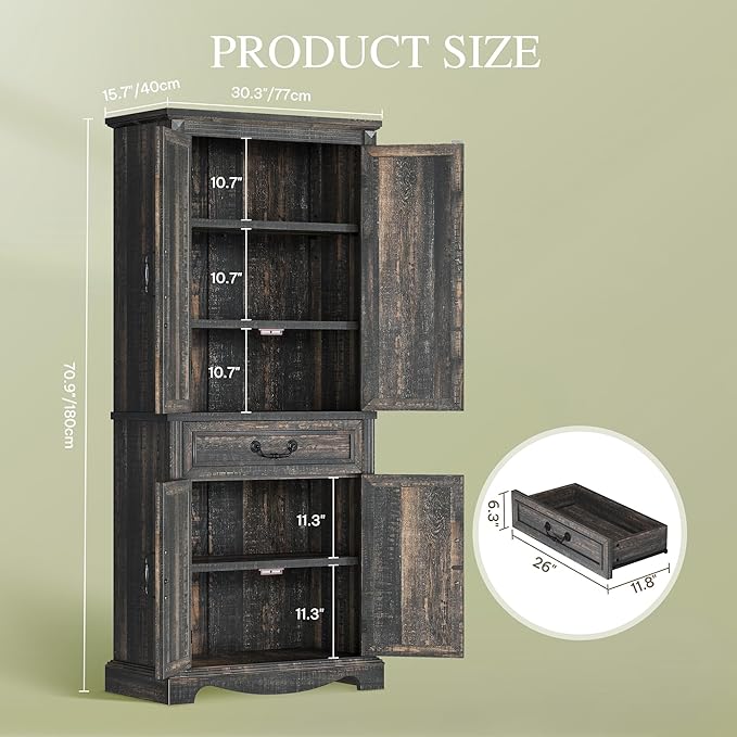 DWVO 71" Tall Kitchen Pantry Cabinet, Farmhouse Freestanding Storage Cabinet with Doors, Drawer and Adjustable Shelves for Kitchen, Living Room, Dining Room, Rustic Dark Oak