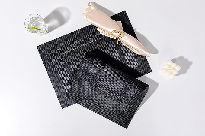 LEXMORE Placemats Set of 4 Vinyl/Plastic Woven Place Mats for Kitchen Table Indoor/Outdoor Washable Placemat Wipeable Dining Table Mats(Black Cube)