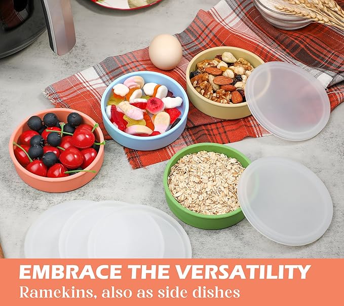 Webake 4 Inch Silicone Air Fryer Egg Molds with Lids, 4 oz Creme Brulee Dishes Shallow Ramekins, Food Storage, Microwave Egg Poacher, Set of 4