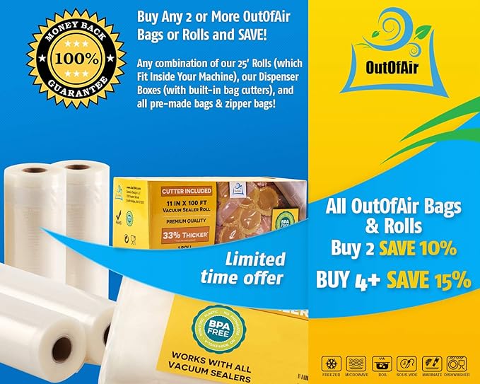 8" x 25' Rolls (Fits Inside Machine) - BULK 8 Pack (200 ft total) OutOfAir Vacuum Sealer Rolls Works With FoodSaver & Other Machines, 33% Thicker BPA Free Sous Vide Commercial Grade Bags