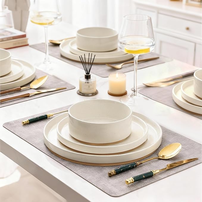 AmorArc Ceramic Dinnerware Set for 4 | Speckled Stoneware Plates and Bowls with unglazed terracotta | Scratch Resistant, Dishwasher & Microwave Safe Dishes Sets- 12-Pcs Beige