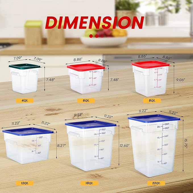 4 Pack 6 Quart Food Storage Containers with Lids, Polycarbonate Square Commercial Food Containers, NSF, Clear, New Version