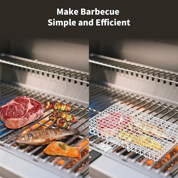 Grill Baskets Fish Grilling Rack for Outdoor Grill with Removable Handle, Come with Basting Brush Food Tongs & 5x BBQ Skewers