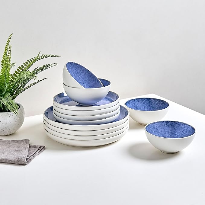Sango Cove 12-Piece Blue Stoneware Dinnerware Set – Service for 4, Plate & Bowl Set, Blue with a White Speckled Underglaze, for Daily Dining & Entertainment, Microwave & Dishwasher Safe