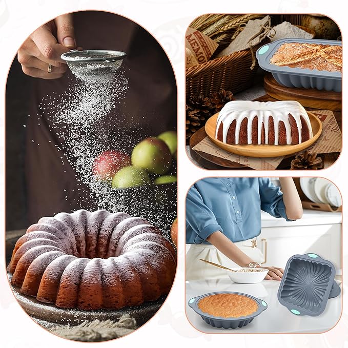 To encounter 65 Pieces Silicone Baking Pans Set, Metal Framed Silicone Tube Cake Pans, Nonstick Fluted Loaf Pans for Muffin, Cake, Bread, with Measuring Cups and Spoons Set, Light Grey