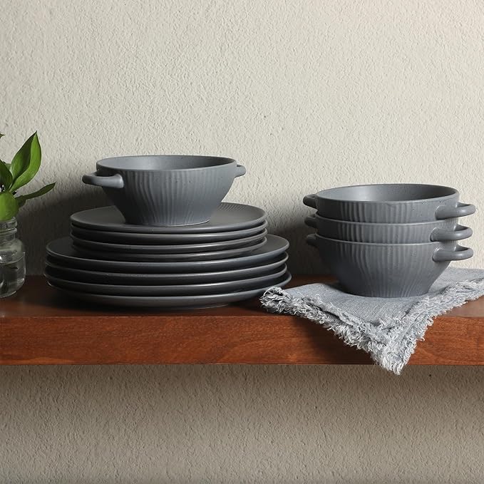 Gibson Elite Clover Hill 12-Piece Stoneware Dinnerware Set – Dark Blue Embossed Plates and Bowls with Matte Speckled Reactive Glaze, Service for 4 – Microwave & Dishwasher Safe