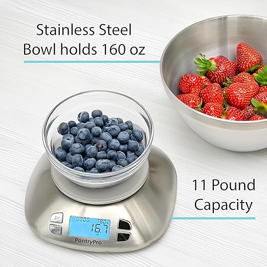 Stainless Steel Digital Kitchen Scale w. Bowl - for Food Coffee Lab - LCD Display gram Ounces lb:oz lb ml - 12 LBS/5.5 KG Capacity - Battery Included - Silver by The Display Guys