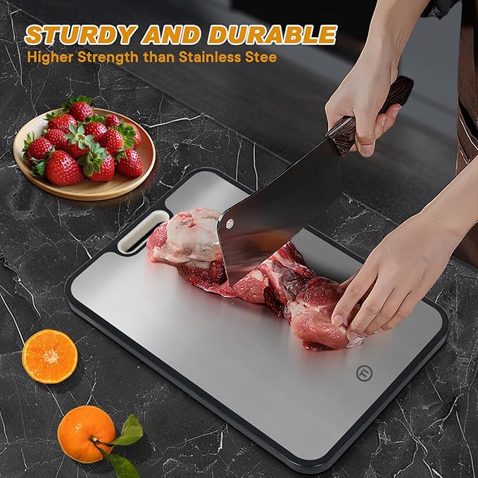 Titanium Cutting Boards for Kitchen, Pure Titanium Metal & Wheat Straw 2 Sided Healthiest Chopping Board, Dishwasher Safe Easy to Clean Large Size 16”×11”