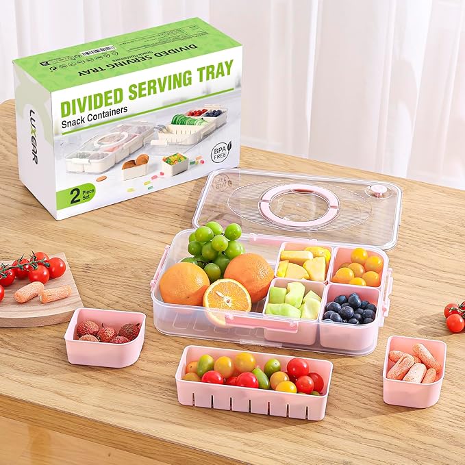 LUXEAR Divided Serving Tray with Lid and Handle Snack Box Charcuterie Container Dishwasher Safe 8 Compartment Snack Platters Portable Organizer for Candy, Snacks, Picnic, Party&Travel(2p pink)