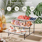 3 Tier Plastic Serving Tray for Party, 11.5" x 5.6" Platters for Serving Food, Microwave-Safe, White Reusable Trays with Black Metal Display Stand for Cupcakes, Sevring Food, Dessert, Fruit, Black