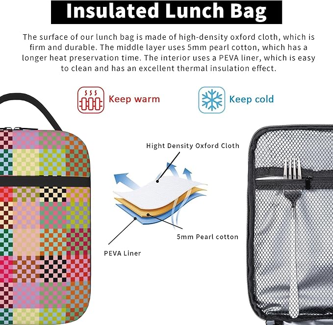 Multicolor Checkered Insulated Lunch Box – Reusable Colorful Checkerboard Lunch Bag for Adults & Kids, Portable Leakproof School Lunch Tote with Detachable Handle