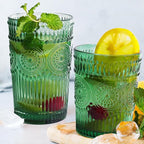 12pcs Vintage Drinking Glasses Set, 12 oz Highball Glasses & 9 oz Embossed Ribbed Glassware Cups for Cocktail, Water, Juice, Coffee, Whiskey (Atroviens)