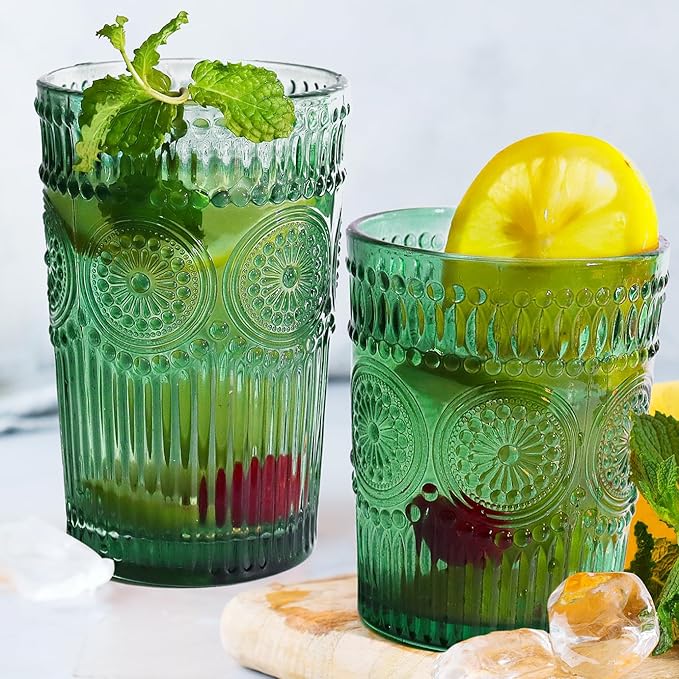 12pcs Vintage Drinking Glasses Set, 12 oz Highball Glasses & 9 oz Embossed Ribbed Glassware Cups for Cocktail, Water, Juice, Coffee, Whiskey (Atroviens)