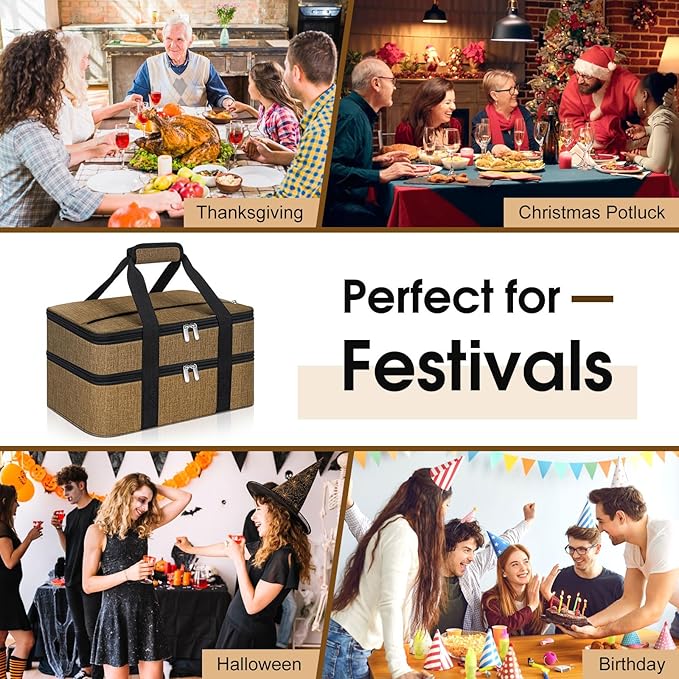 Double Insulated Casserole Carrier, Portable Casserole Carrier for Hot or Cold Food Lunch Tote Warmer or Cooler Bag, Lasagna Lunch Bag for Potluck Parties- Fits 9" x 13" Baking Dish-Coffee