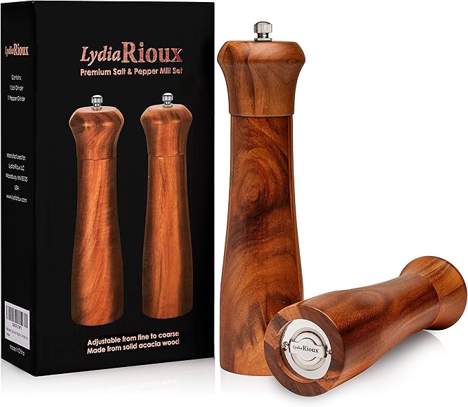 Wooden Salt and Pepper Grinder Set - Premium Acacia Wood Grinders with Adjustable Ceramic Grinding Mechanism - 8 inch Refillable Salt and Pepper Mills