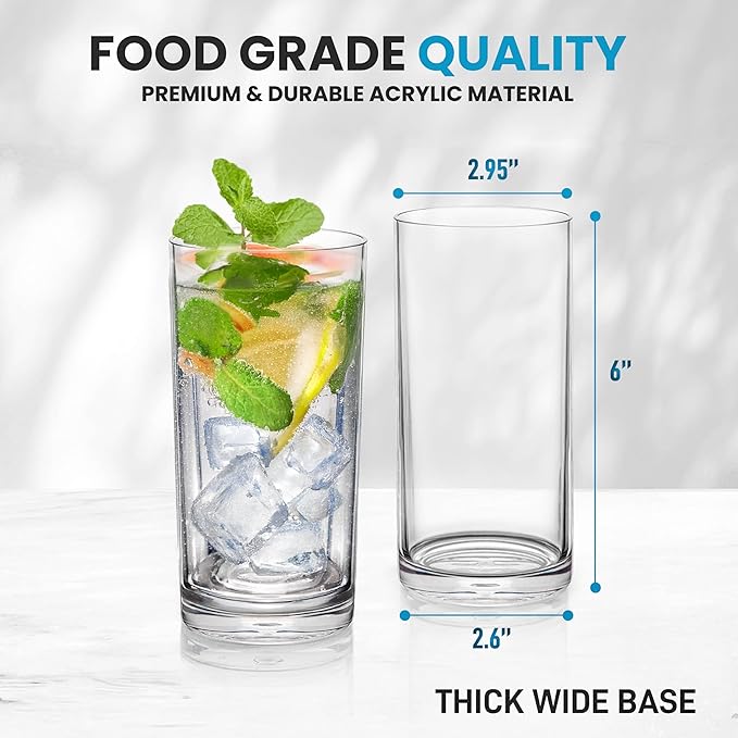 Zulay Kitchen Acrylic Glasses Drinkware - 6 Piece Unbreakable Plastic Tumblers - BPA-Free, Reusable Plastic Drinking Glasses for Home & Outdoors - Stackable, Lead-Free & Dishwasher Safe - (16 oz)