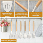 TeamFar Cooking Utensils Set of 6, Silicone Kitchen Utensils with Wooden Handles for Cooking/Turning/Serving/Mixing, Heatproof Kitchen Tools for Non-stick Cookware, Healthy &Non-Scratch, White