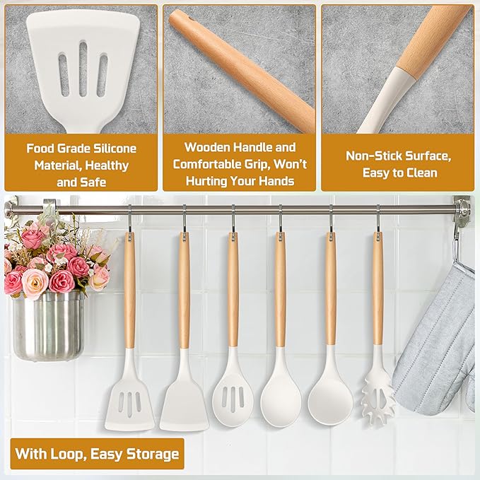 TeamFar Cooking Utensils Set of 6, Silicone Kitchen Utensils with Wooden Handles for Cooking/Turning/Serving/Mixing, Heatproof Kitchen Tools for Non-stick Cookware, Healthy &Non-Scratch, White