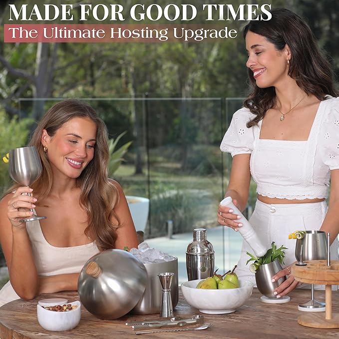 Gusto Nostro Cocktail Set Bartender Kit with Stainless Steel Ice Bucket - Complete Mixology Bar Tool Set with Wooden Organizer, Cocktail Shaker, Jigger, Muddler, Spoon, Tongs, Pourers, Recipe Cards