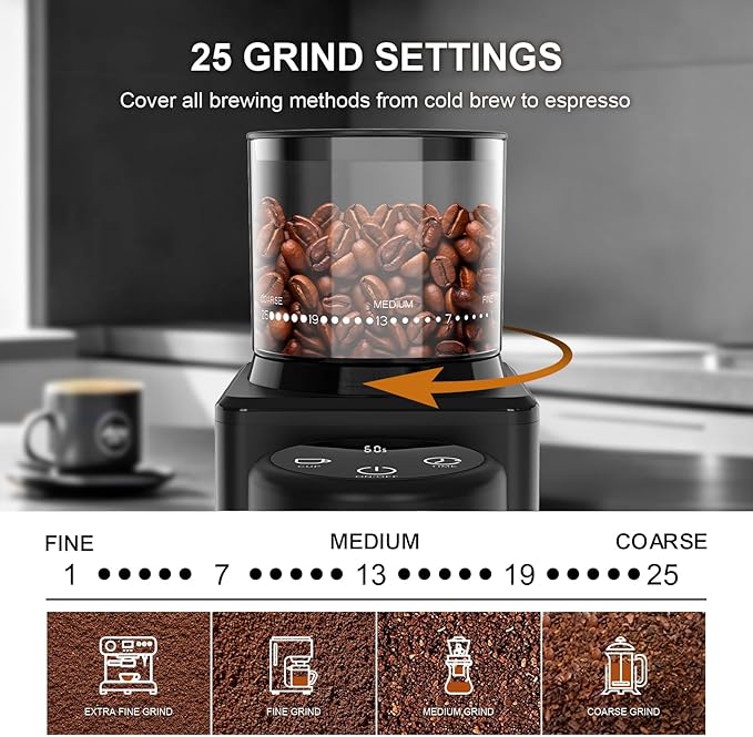 Conical Burr Coffee Grinder, Electric Coffee Bean Grinder with 25 Precise Grind Settings for Espresso/Drip/French Press, Smart Touch Control, Anti-static, Black
