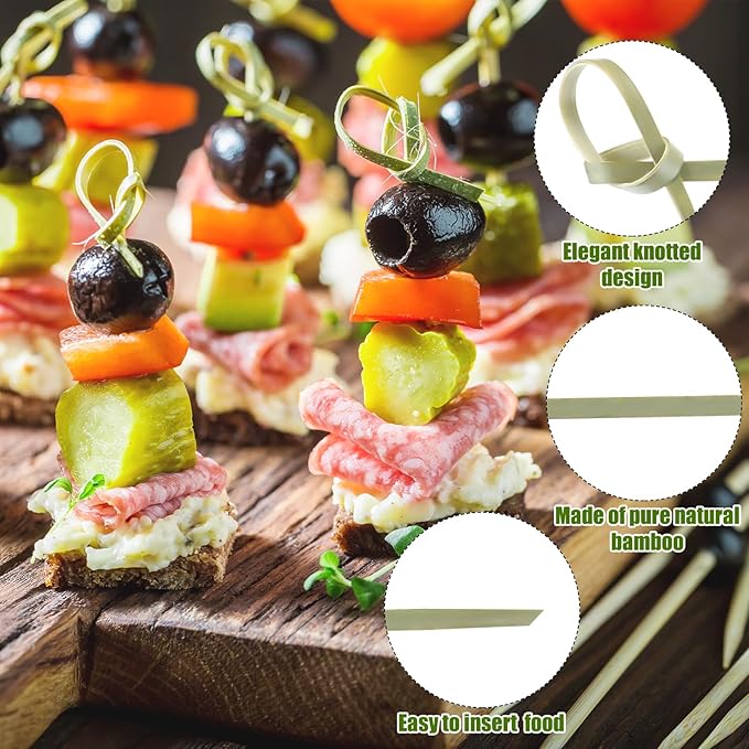 Nuogo 2000 Pcs Bamboo Cocktail Picks 4.13 Inch Bamboo Skewers Fruit Toothpicks for Appetizers Drink Garnish Sticks Handmade Food Pick with Looped Knot for Party Bar Snacks Sandwiches Drinks