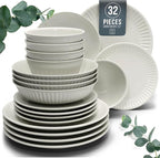 Stoneware Dinnerware Set for 8 People HYGGE 32-Piece - Elegant Scandi Design - Premium Dish Set - Bowl and Plate Set - Tableware for 8 People in a Ribbed Design - Pure Living in Beige