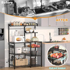 Aheaplus Bakers Rack with Power Outlet and LED Light Strings, Microwave Oven Stand Kitchen Storage Shelf with Wire Basket, Coffee Bar Station Island Table with 10 Hooks for Spices, Pots, Pans, Black