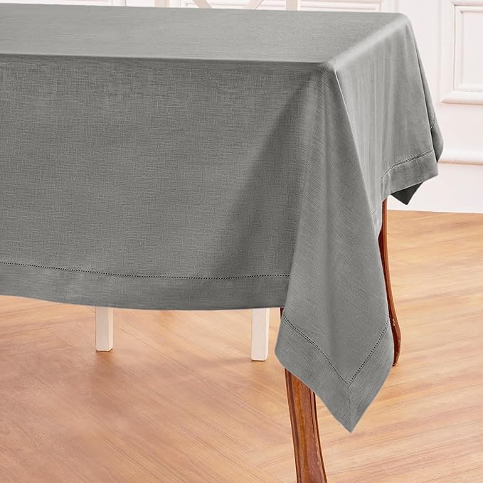 Solino Home Linen Tablecloth 60 x 108 Inch - Classic Hemstitch 100% Pure Linen Steel Gray Table Cloth for Rectangle Tables - Machine Washable Tablecloth for Summer, Fall, Autumn