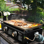 KingChii 19" Tabletop 2-Burner Griddle Portable Gas Grill with Rear Grease Trap, Powder Coated Steel, Black