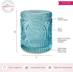 Kate Aspen Ribbed Retro Arch Floral Aqua Blue Drinking Glasses Set of 6, (10 oz) Vintage Glassware Set Cocktail Glass Set, Juice Glass, Water Cups | Great Hostess Gift & Gift for New Home Owners